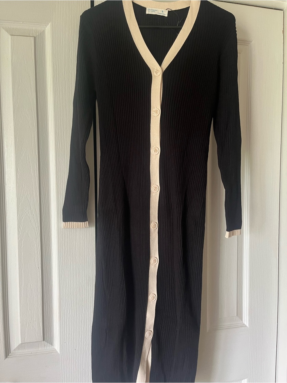 Primark Black Long Ribbed Button-Down Dress with Cream Trim